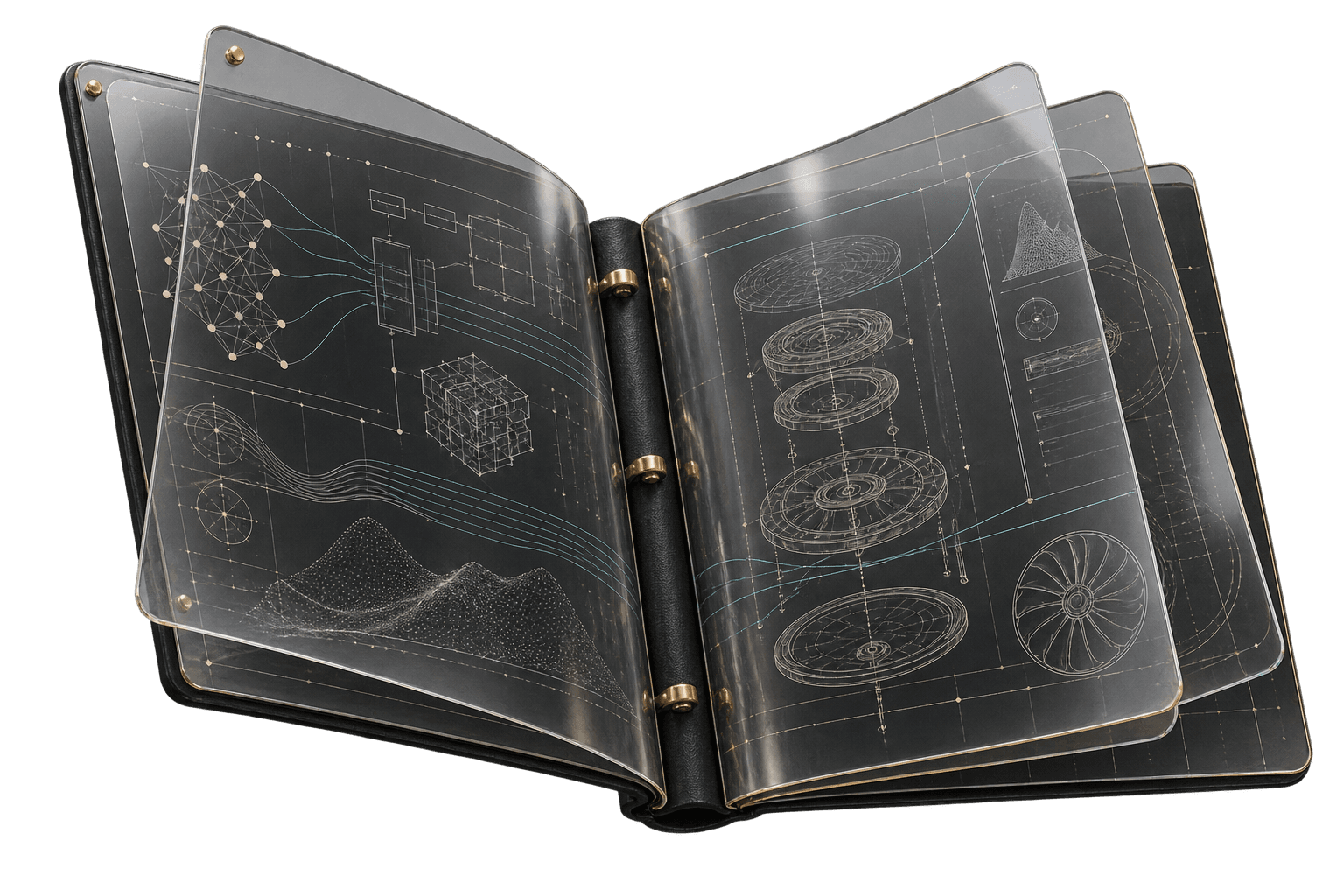 A transparent technical journal with precision diagrams etched across its pages