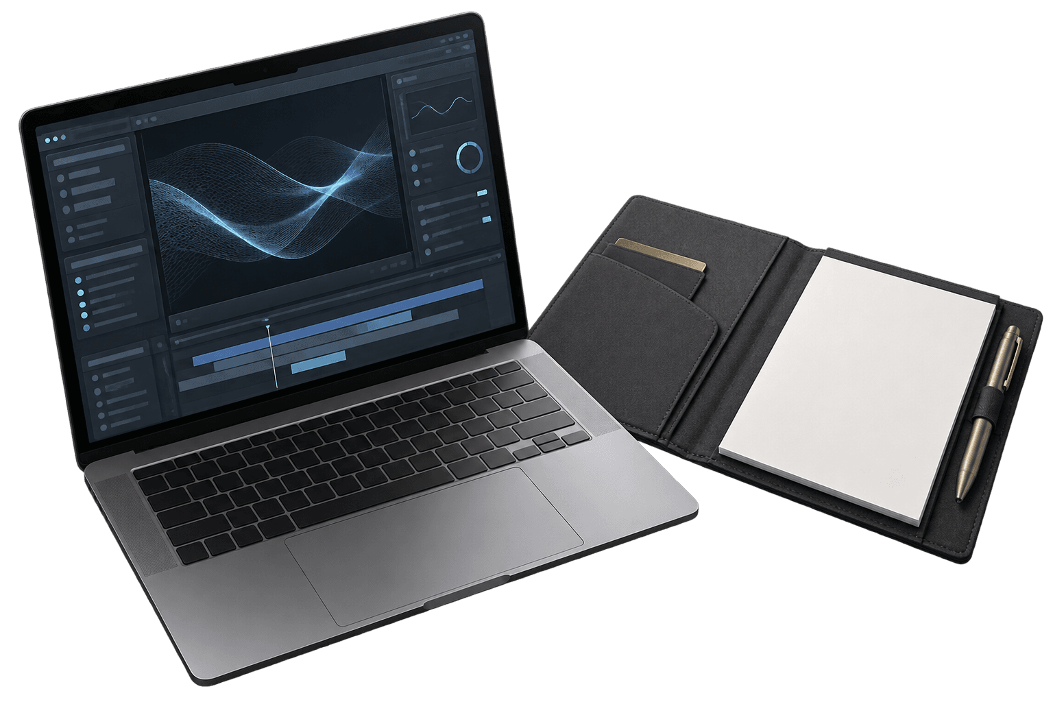 An open graphite laptop beside a project brief folio and pen