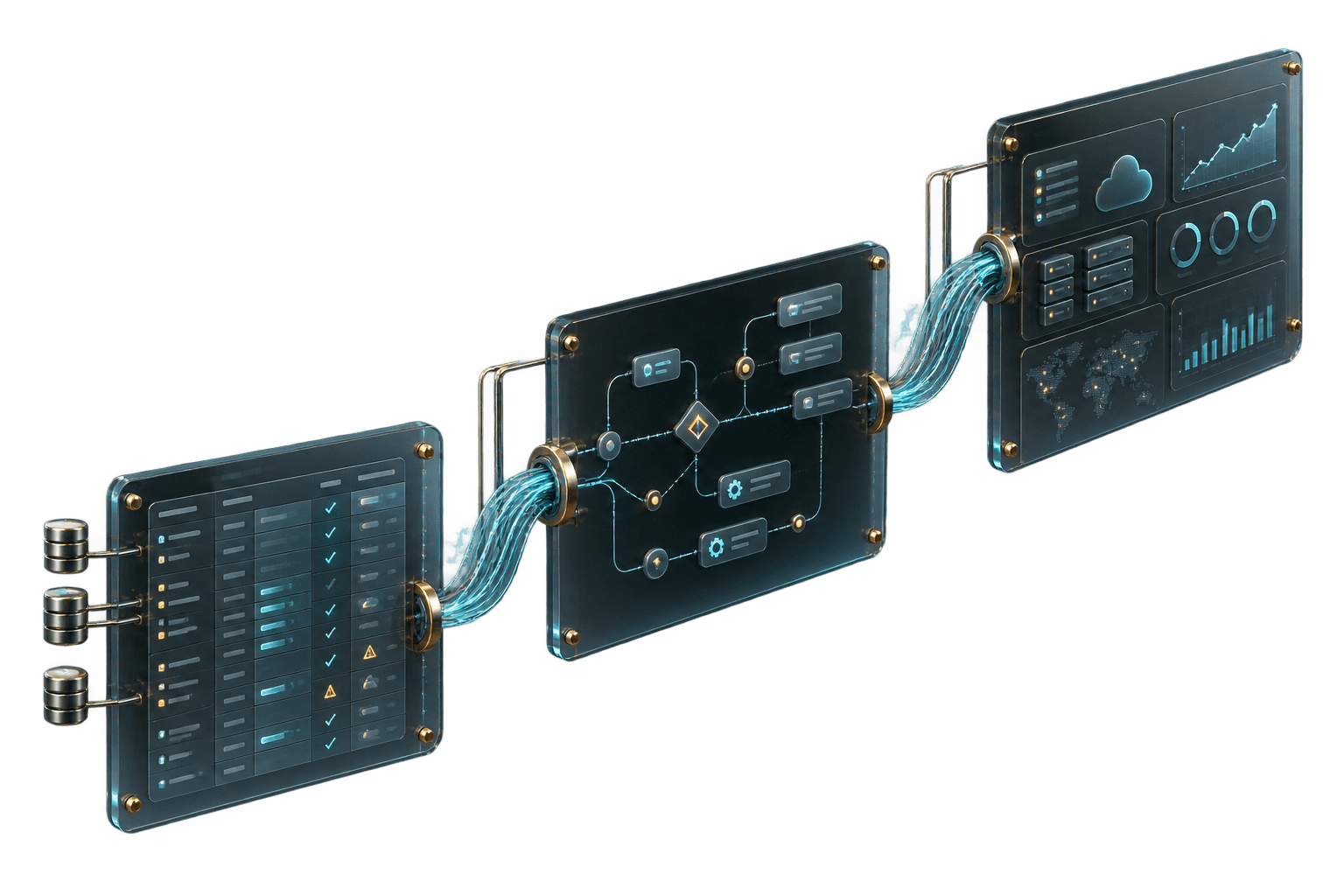 An exploded glass software system showing data validation, connected workflows, and an operational dashboard