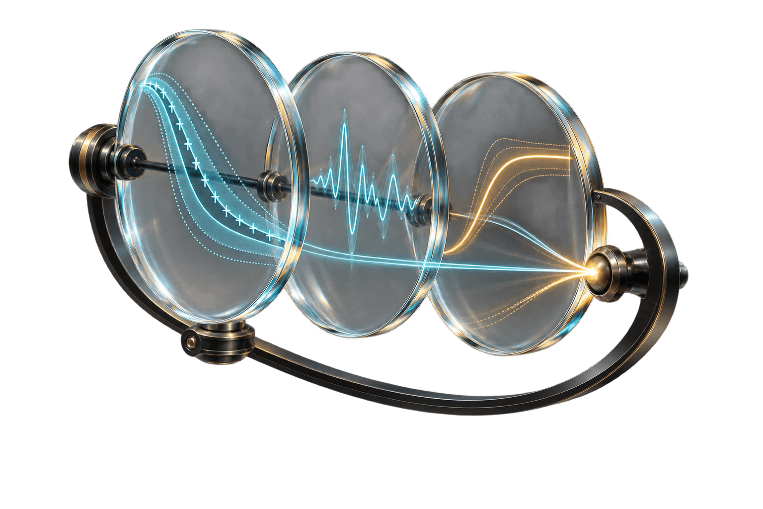 Three glass evidence lenses carrying clinical, signal, and control response curves